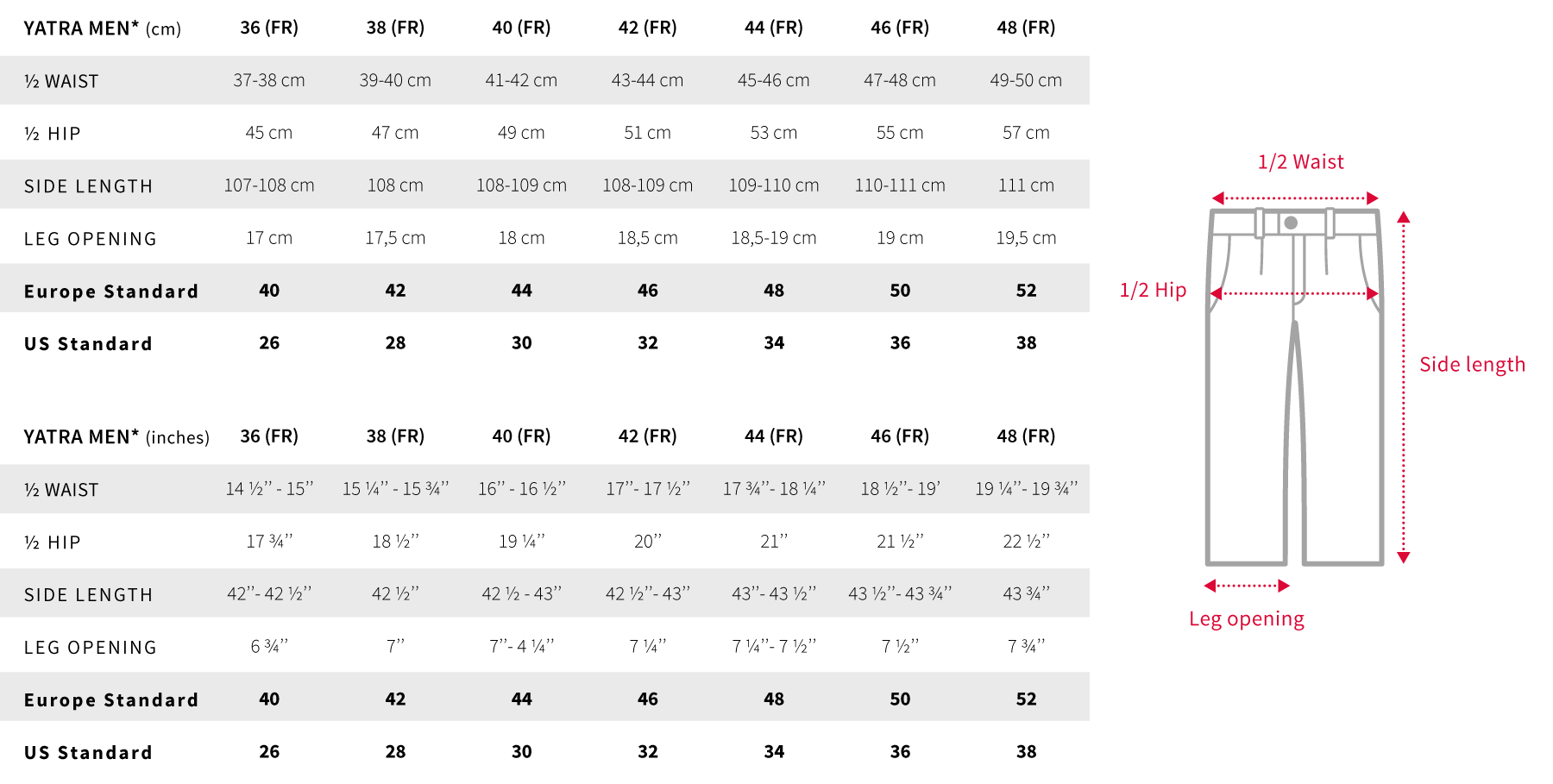 Yatra size guide